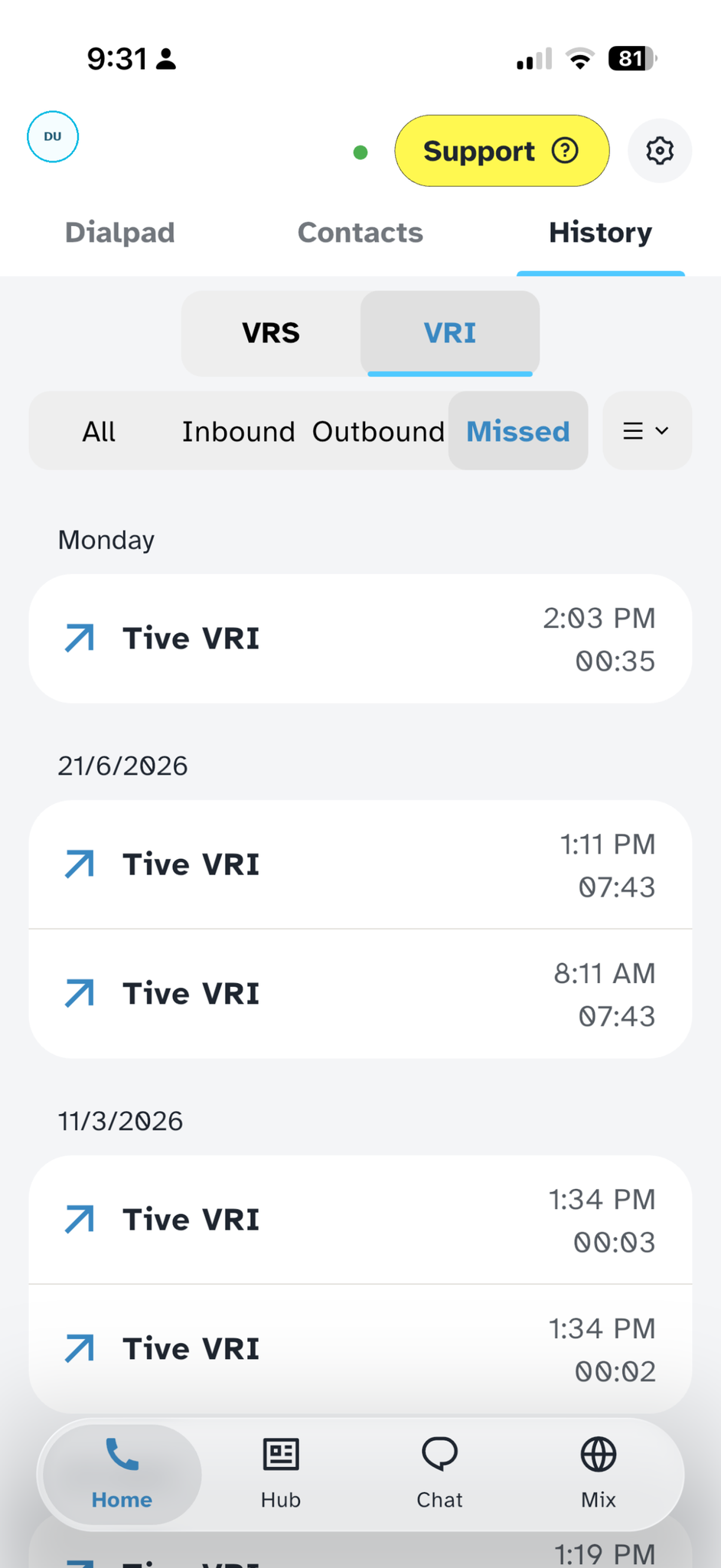 Tive VRI call history
