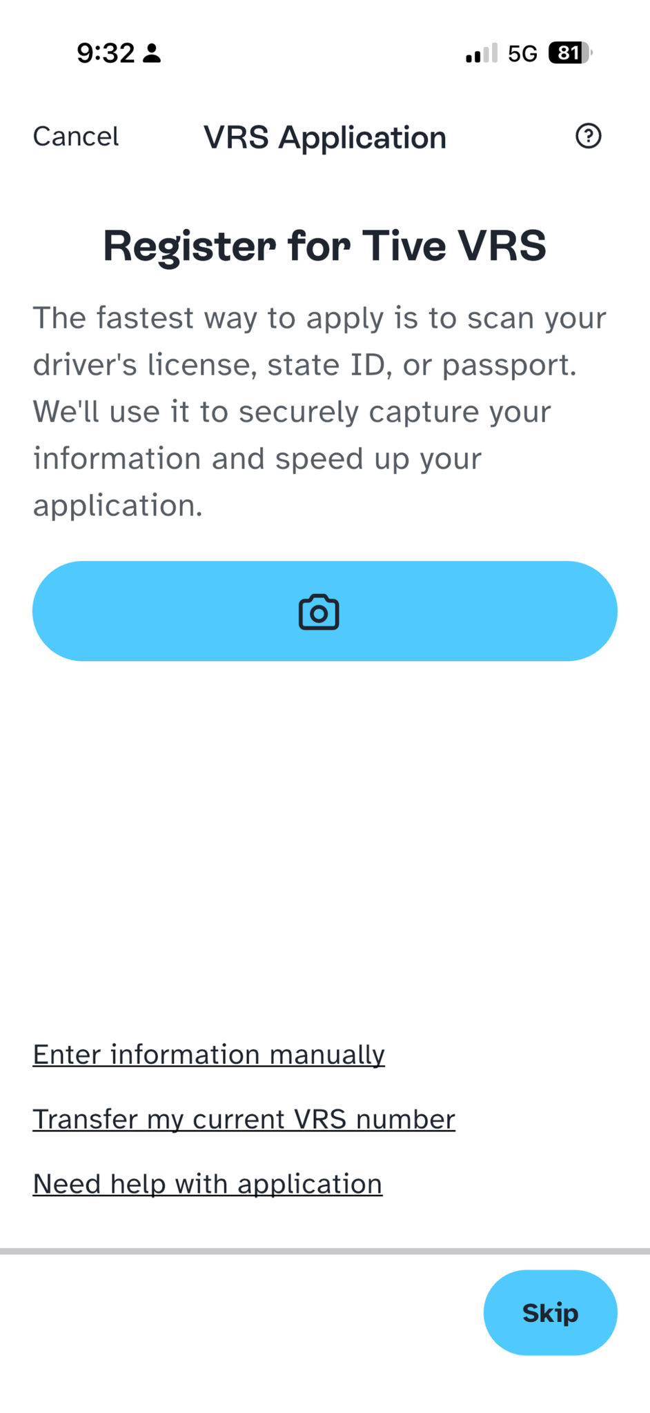 Tive VRS application start screen