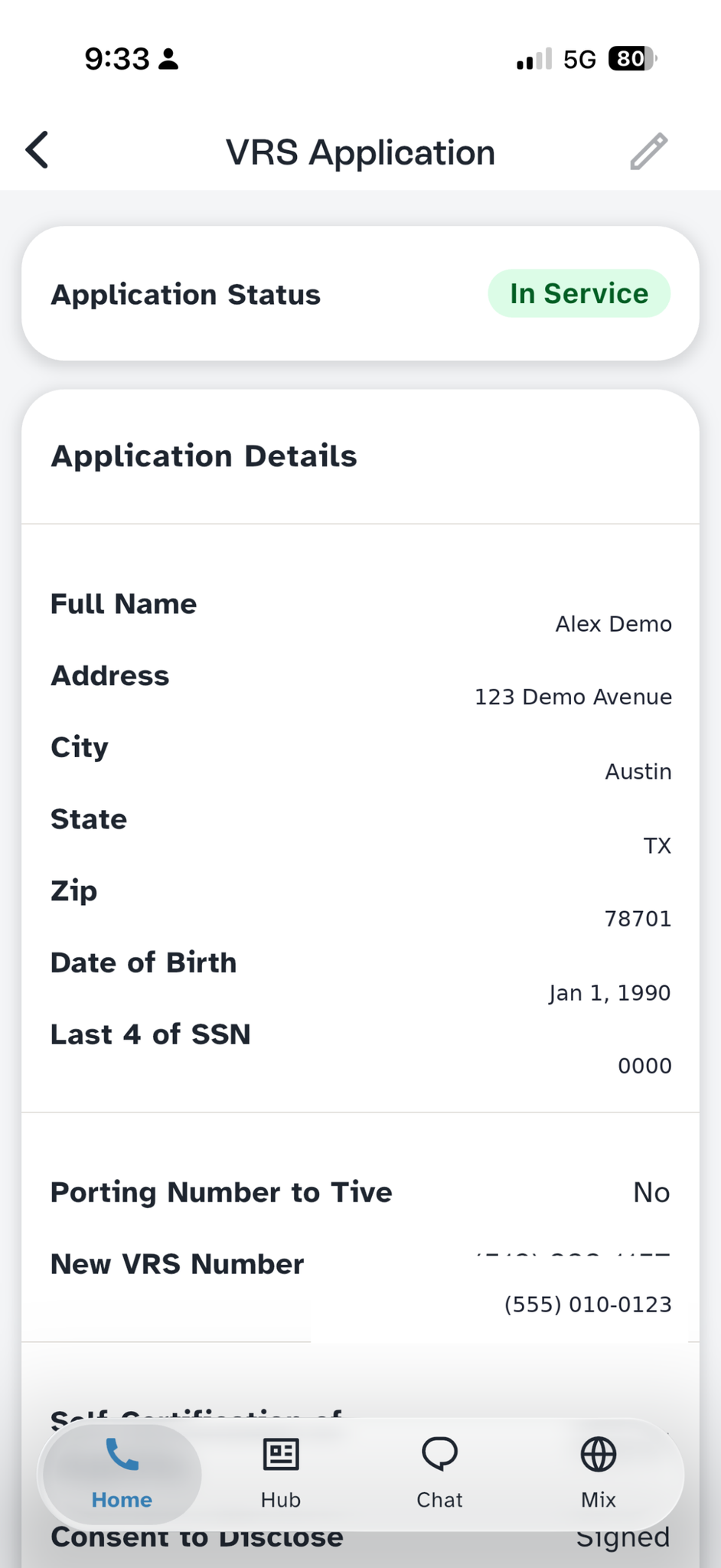 VRS application status with edit pencil