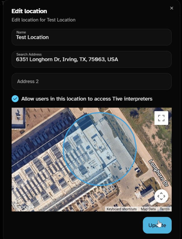 Drag the blue circle to set the geo-fence, then Create or Update.