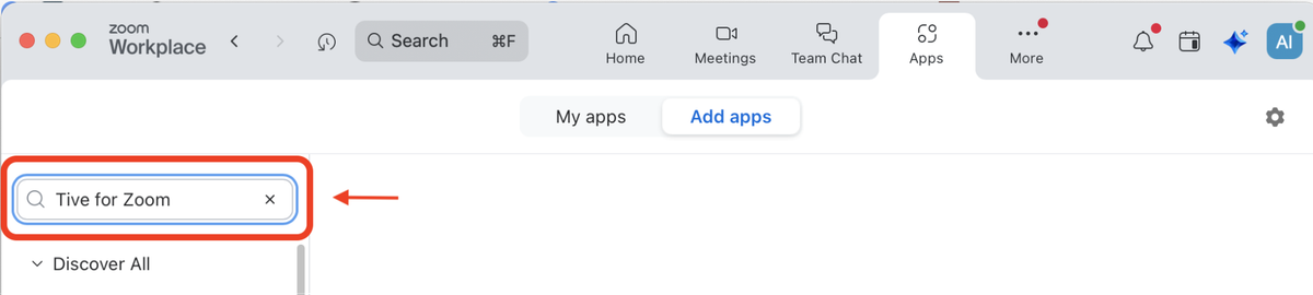 In Zoom, open Apps then Add apps and search for Tive for Zoom.